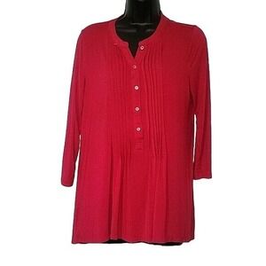 Red Tunic‎ Top 3/4 Sleeve Pleated Button Front Casual Blouse